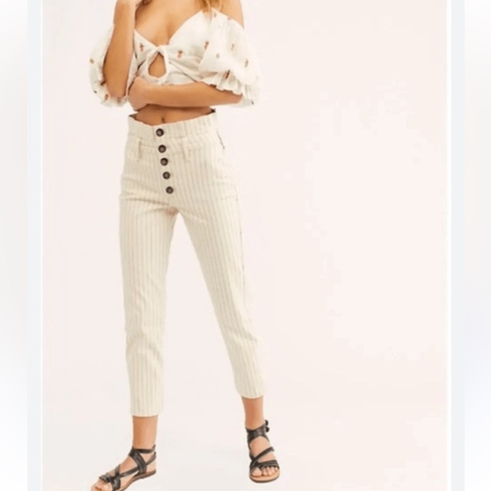 Free People Montella Cream Brown Pin Stripe High Paperbag Waist Ruffle Denim 4